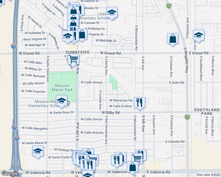 map of restaurants, bars, coffee shops, grocery stores, and more near 5939 South Liberty Avenue in Tucson