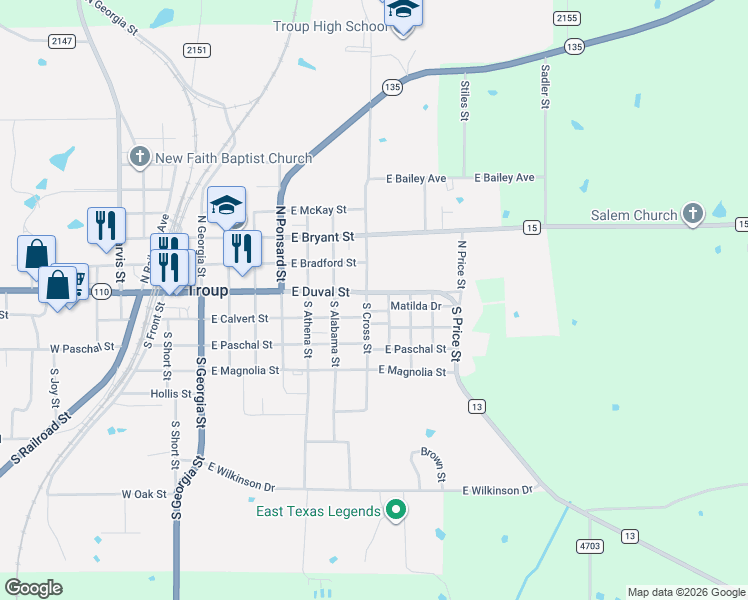 map of restaurants, bars, coffee shops, grocery stores, and more near 202 South Cross Street in Troup