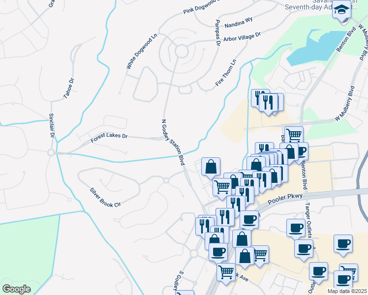 map of restaurants, bars, coffee shops, grocery stores, and more near 306 Godley Station Boulevard in Pooler