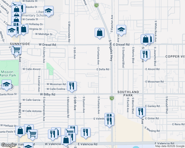 map of restaurants, bars, coffee shops, grocery stores, and more near 5920 South Fontana Avenue in Tucson