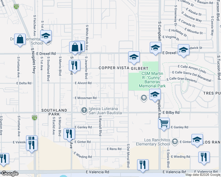 map of restaurants, bars, coffee shops, grocery stores, and more near 1377 East Alvord Road in Tucson
