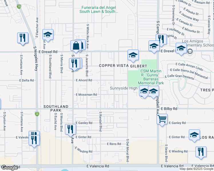 map of restaurants, bars, coffee shops, grocery stores, and more near 1377 East Alvord Road in Tucson