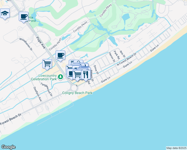 map of restaurants, bars, coffee shops, grocery stores, and more near 11 Bittern Street in Hilton Head Island