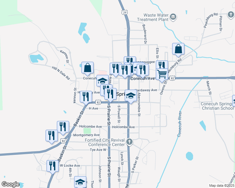 map of restaurants, bars, coffee shops, grocery stores, and more near in Union Springs