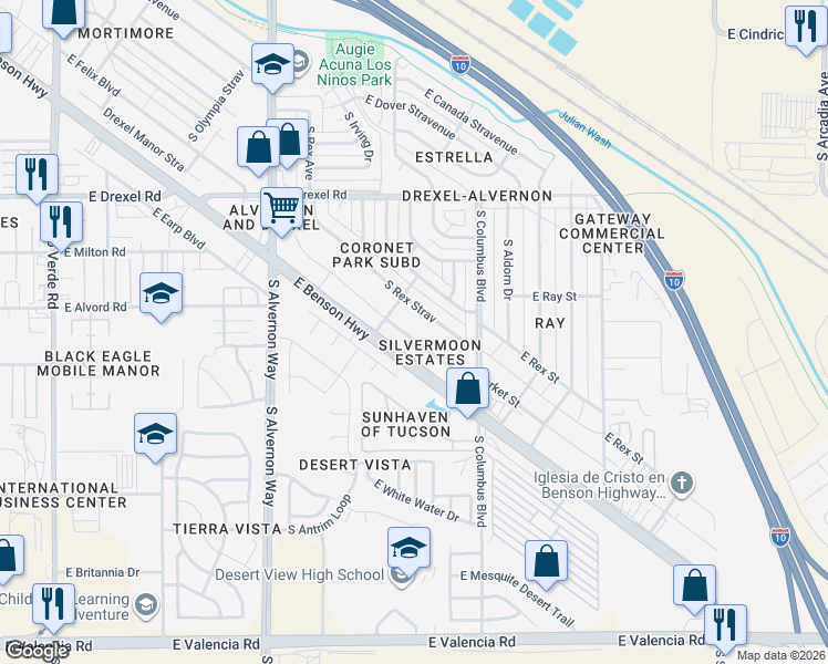 map of restaurants, bars, coffee shops, grocery stores, and more near 5908 South Rex Strav in Tucson