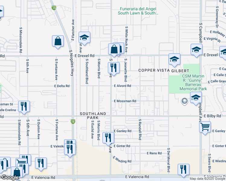 map of restaurants, bars, coffee shops, grocery stores, and more near 5901 South Park Avenue in Tucson
