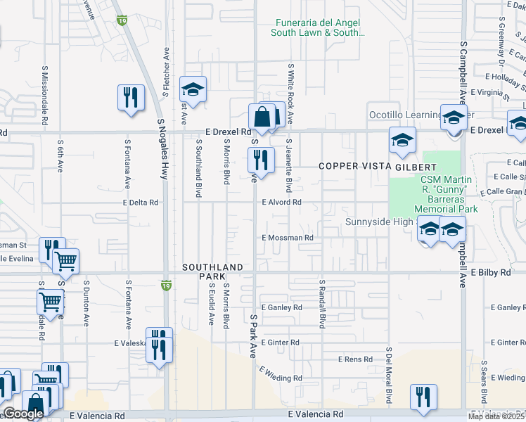 map of restaurants, bars, coffee shops, grocery stores, and more near 1075 East Alvord Road in Tucson