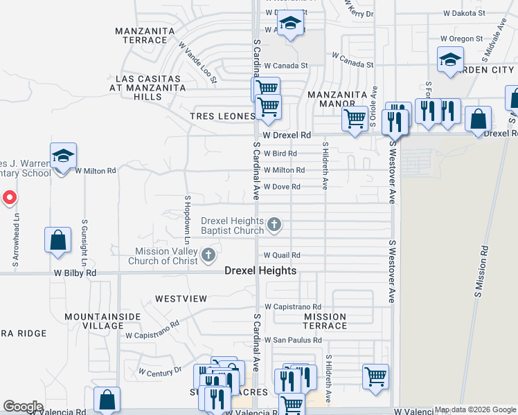 map of restaurants, bars, coffee shops, grocery stores, and more near 2872 West Alvaro Road in Tucson