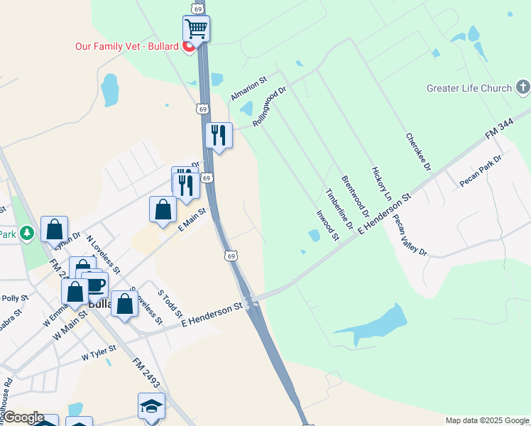 map of restaurants, bars, coffee shops, grocery stores, and more near 320 Inwood Drive in Bullard