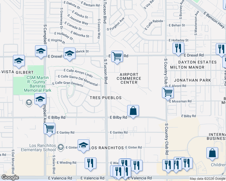 map of restaurants, bars, coffee shops, grocery stores, and more near 5901 South Avenida Barranca Seca in Tucson