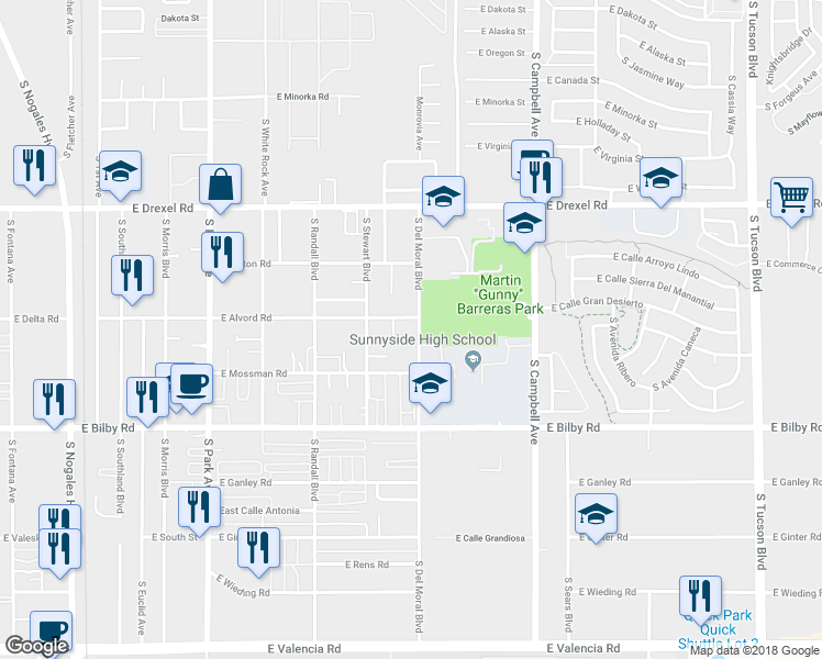 map of restaurants, bars, coffee shops, grocery stores, and more near 1427 East Alvord Road in Tucson