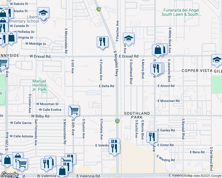 map of restaurants, bars, coffee shops, grocery stores, and more near 351 East Delta Road in Tucson