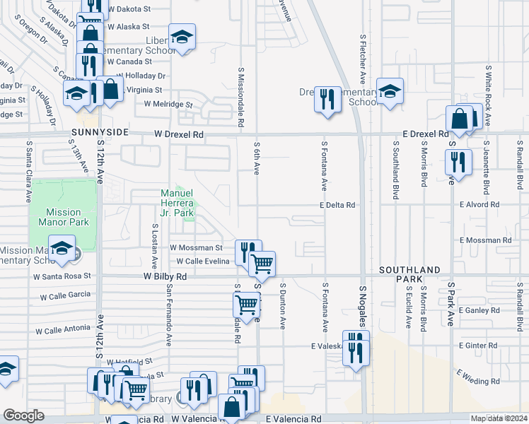 map of restaurants, bars, coffee shops, grocery stores, and more near 31 East Delta Road in Tucson