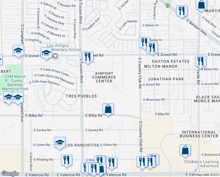 map of restaurants, bars, coffee shops, grocery stores, and more near 2800 East Commerce Center Place in Tucson