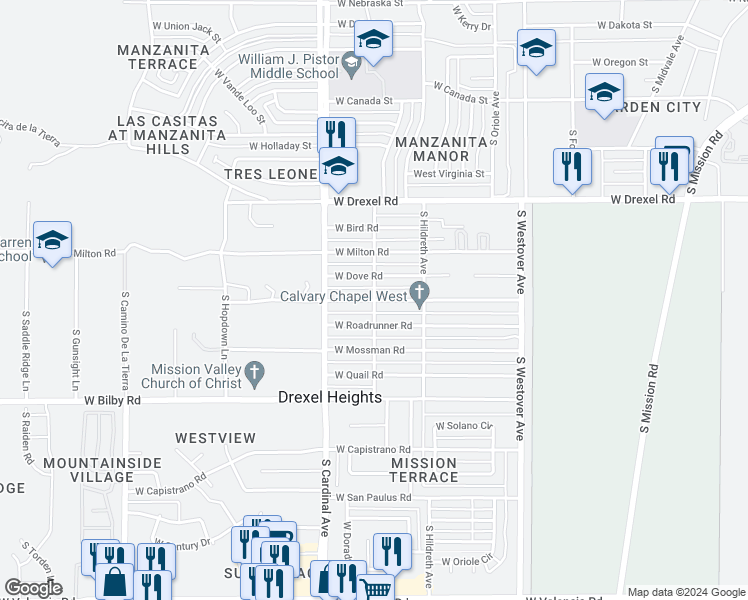 map of restaurants, bars, coffee shops, grocery stores, and more near 5898 South Cactus Wren Avenue in Tucson