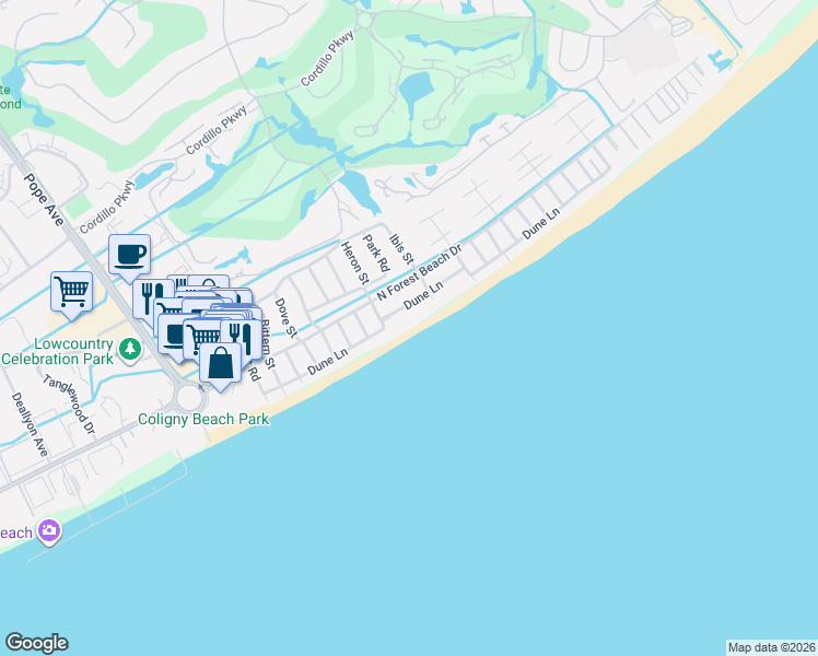 map of restaurants, bars, coffee shops, grocery stores, and more near 47 Dune Lane in Hilton Head Island