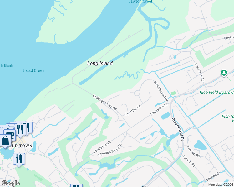 map of restaurants, bars, coffee shops, grocery stores, and more near 20 Calibogue Cay Road in Hilton Head Island