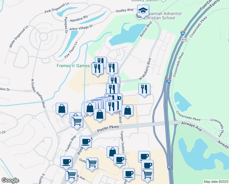 map of restaurants, bars, coffee shops, grocery stores, and more near 110 Foxfield Way in Pooler