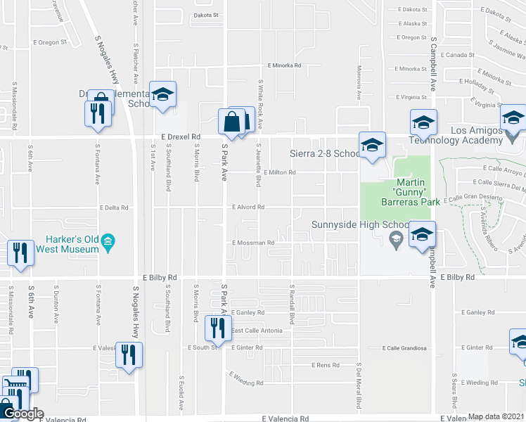map of restaurants, bars, coffee shops, grocery stores, and more near 5905 South Jeanette Boulevard in Tucson