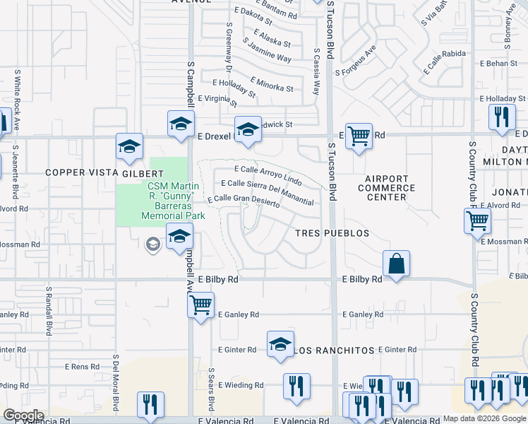map of restaurants, bars, coffee shops, grocery stores, and more near 2227 East Calle Joya de Ventura in Tucson
