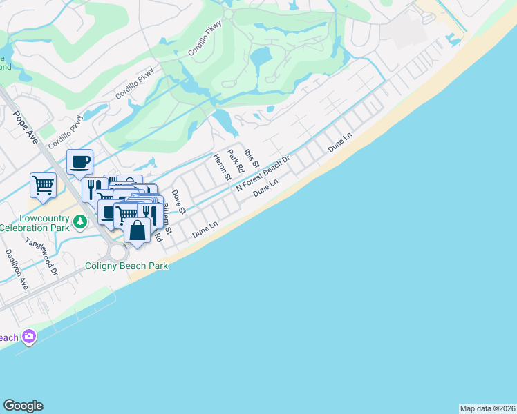 map of restaurants, bars, coffee shops, grocery stores, and more near 47 Dune Lane in Hilton Head Island