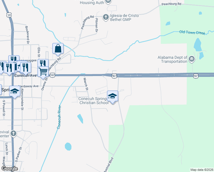 map of restaurants, bars, coffee shops, grocery stores, and more near Gibson Road in Union Springs