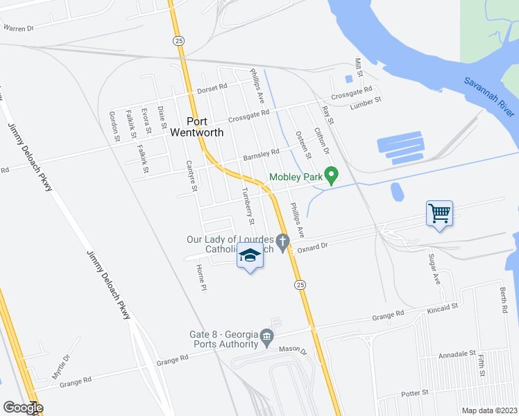 map of restaurants, bars, coffee shops, grocery stores, and more near 405 Pinehurst Place in Port Wentworth