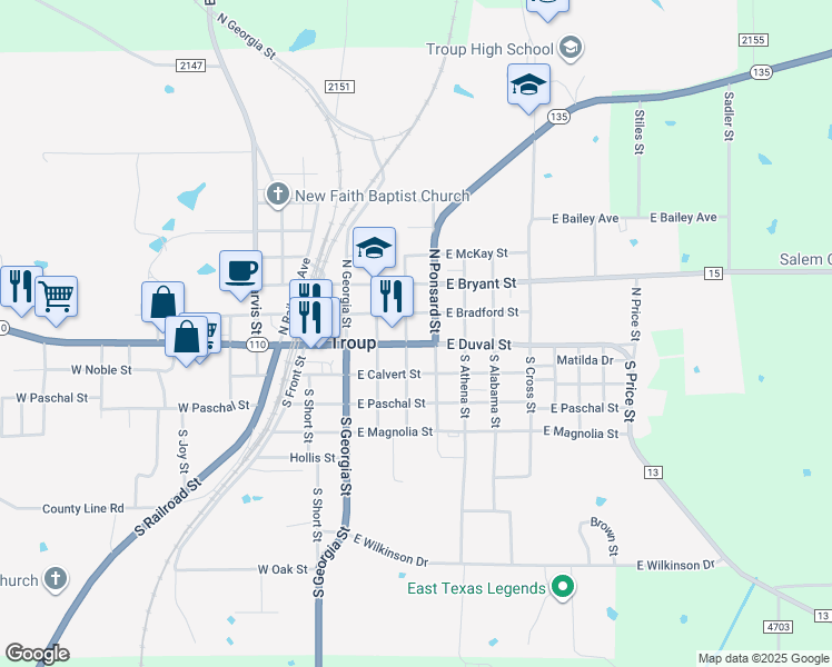 map of restaurants, bars, coffee shops, grocery stores, and more near 303 E Duval St in Troup