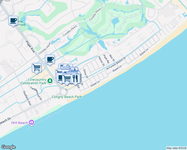 map of restaurants, bars, coffee shops, grocery stores, and more near 15 Egret Street in Hilton Head Island