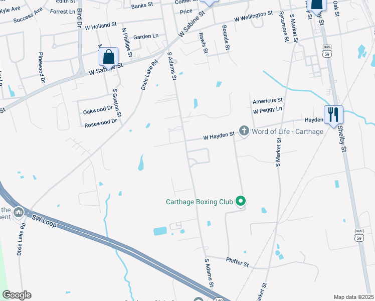 map of restaurants, bars, coffee shops, grocery stores, and more near 801 South Adams Street in Carthage