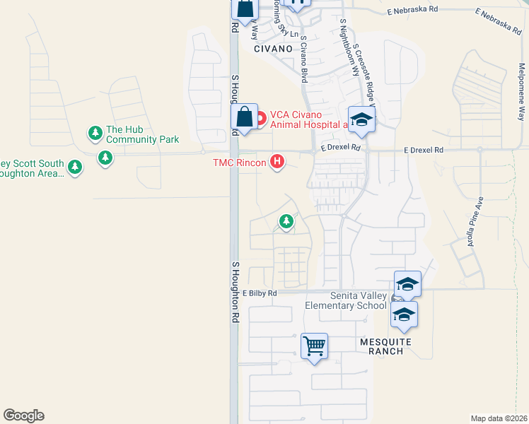 map of restaurants, bars, coffee shops, grocery stores, and more near 10360 East Drexel Road in Tucson