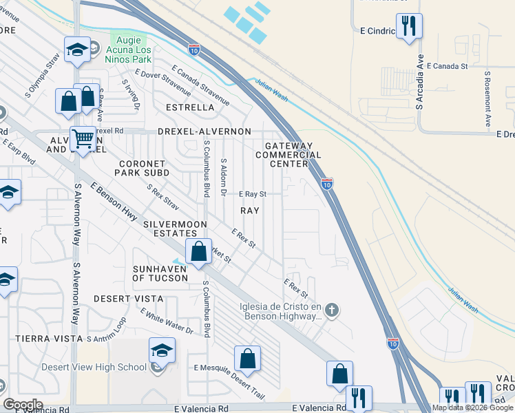 map of restaurants, bars, coffee shops, grocery stores, and more near 5918 South Herpa Drive in Tucson
