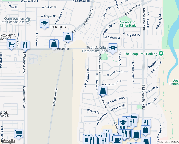map of restaurants, bars, coffee shops, grocery stores, and more near 1979 West Maplewood Drive in Tucson