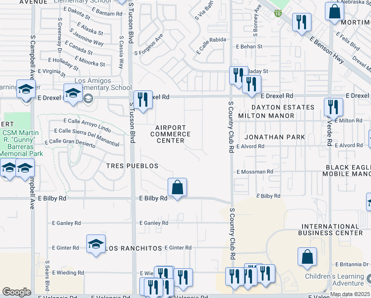 map of restaurants, bars, coffee shops, grocery stores, and more near 2800 East Commerce Center Place in Tucson