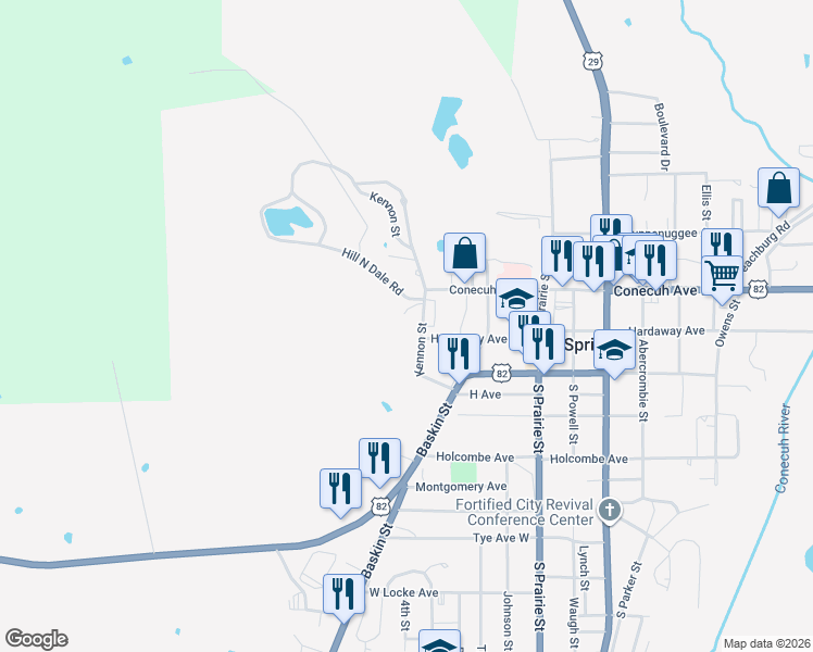 map of restaurants, bars, coffee shops, grocery stores, and more near 201 Kennon Street in Union Springs