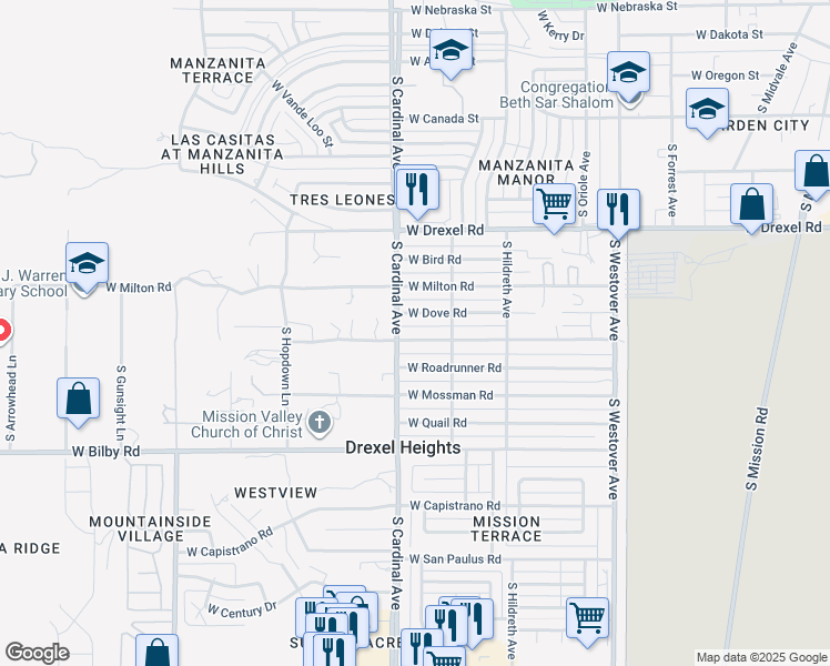 map of restaurants, bars, coffee shops, grocery stores, and more near 2872 West Alvaro Road in Tucson
