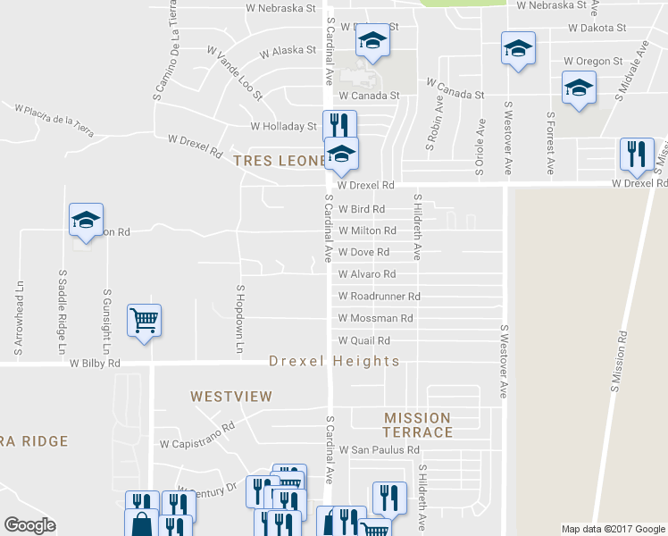 map of restaurants, bars, coffee shops, grocery stores, and more near 2872 West Alvaro Road in Tucson