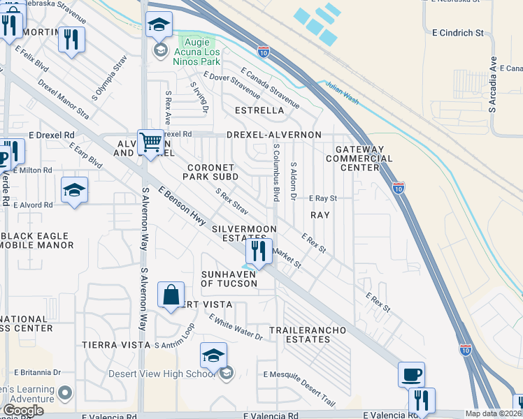 map of restaurants, bars, coffee shops, grocery stores, and more near 5937 South Rex Strav in Tucson