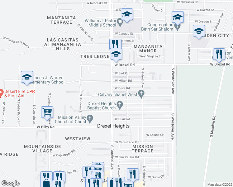 map of restaurants, bars, coffee shops, grocery stores, and more near 2872 West Alvaro Road in Tucson