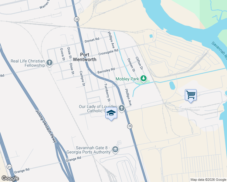 map of restaurants, bars, coffee shops, grocery stores, and more near 402 Pinehurst Place in Port Wentworth
