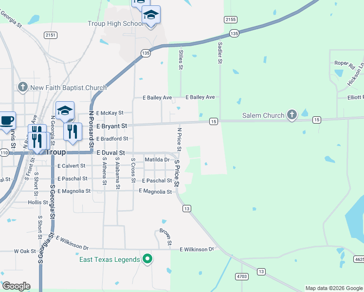 map of restaurants, bars, coffee shops, grocery stores, and more near 110 North Price Street in Troup