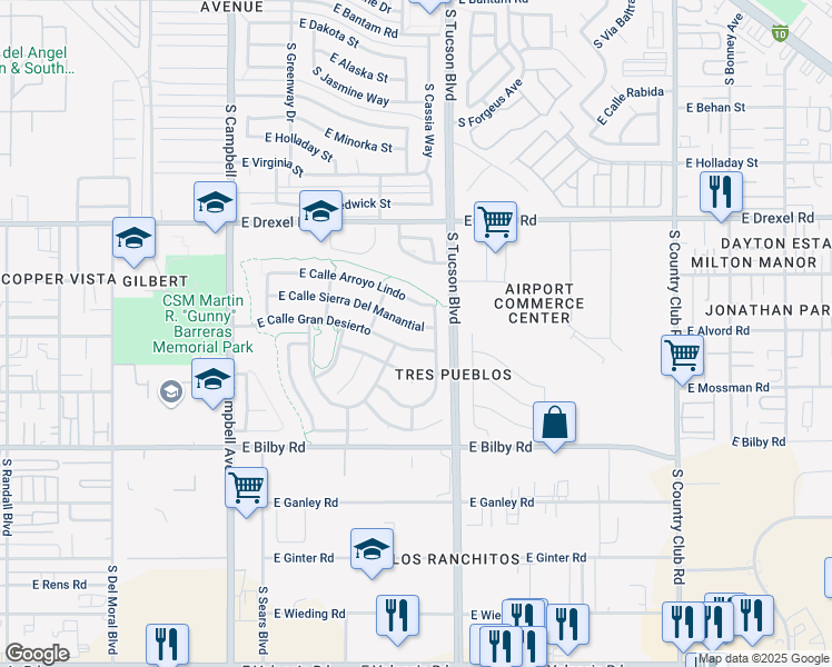 map of restaurants, bars, coffee shops, grocery stores, and more near 2371 East Calle Gran Desierto in Tucson