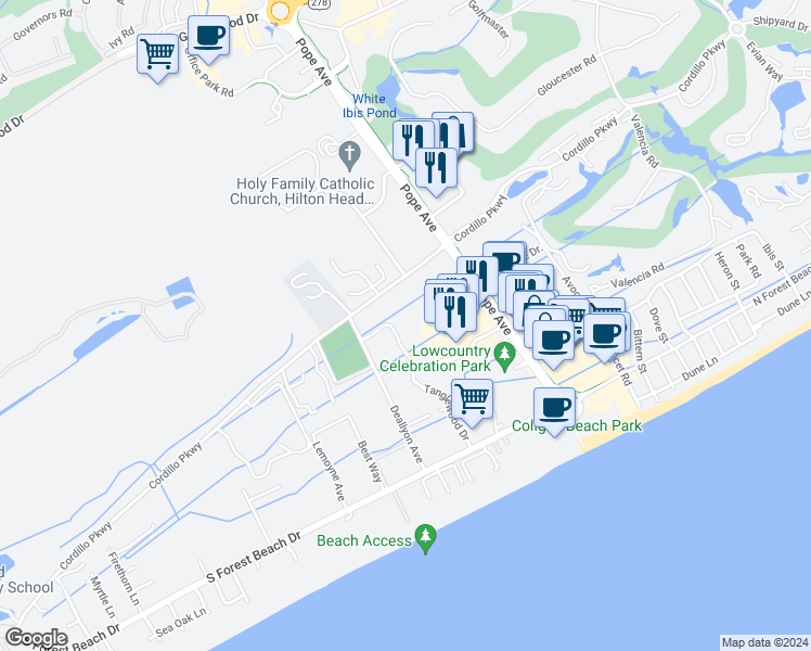 map of restaurants, bars, coffee shops, grocery stores, and more near 36 Deallyon Avenue in Hilton Head Island