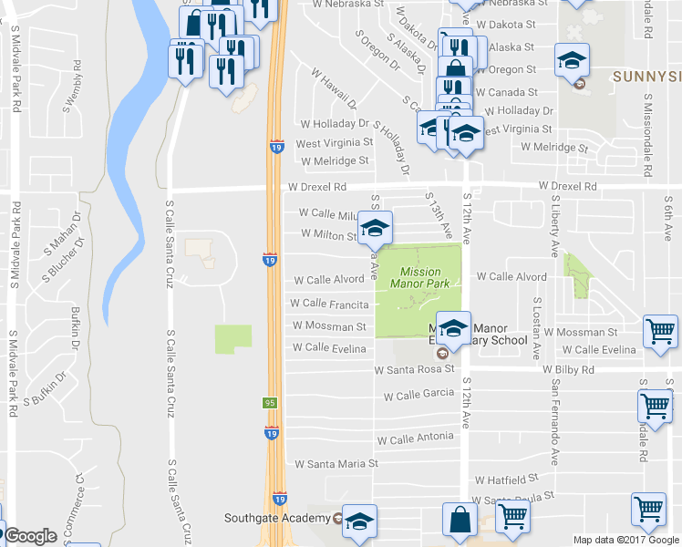 map of restaurants, bars, coffee shops, grocery stores, and more near 850 West Calle Alvord in Tucson