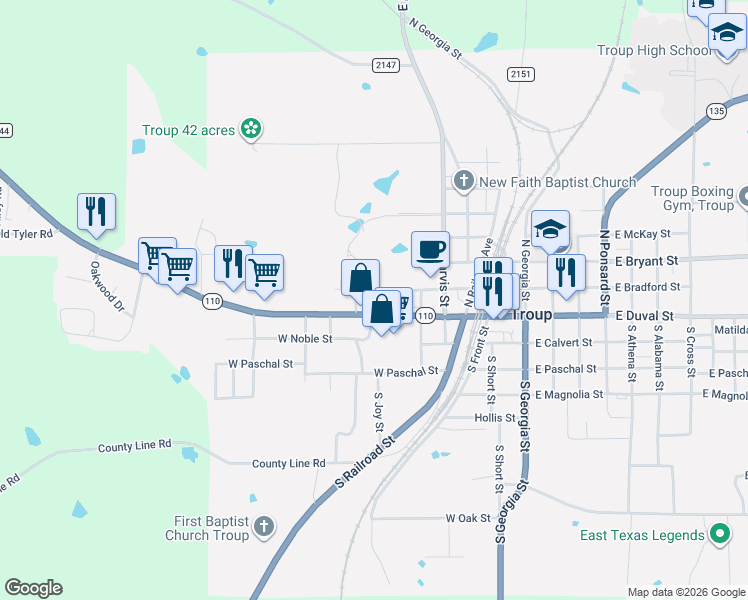 map of restaurants, bars, coffee shops, grocery stores, and more near 606 West Bradford Street in Troup