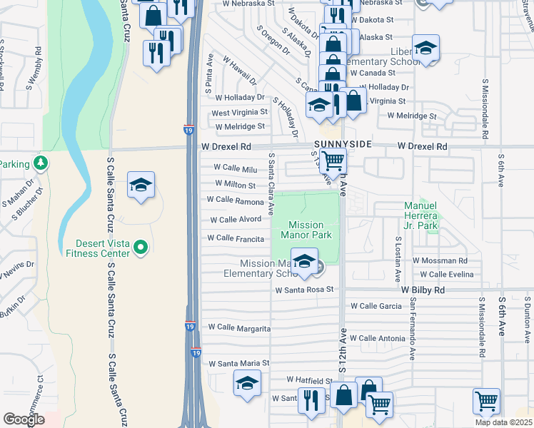 map of restaurants, bars, coffee shops, grocery stores, and more near 802 West Calle Alvord in Tucson