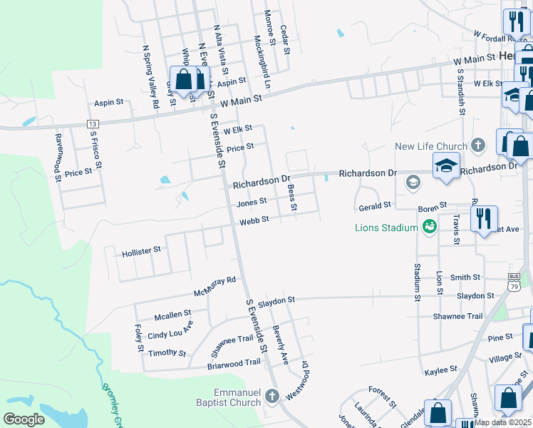 map of restaurants, bars, coffee shops, grocery stores, and more near 1204 Webb Street in Henderson