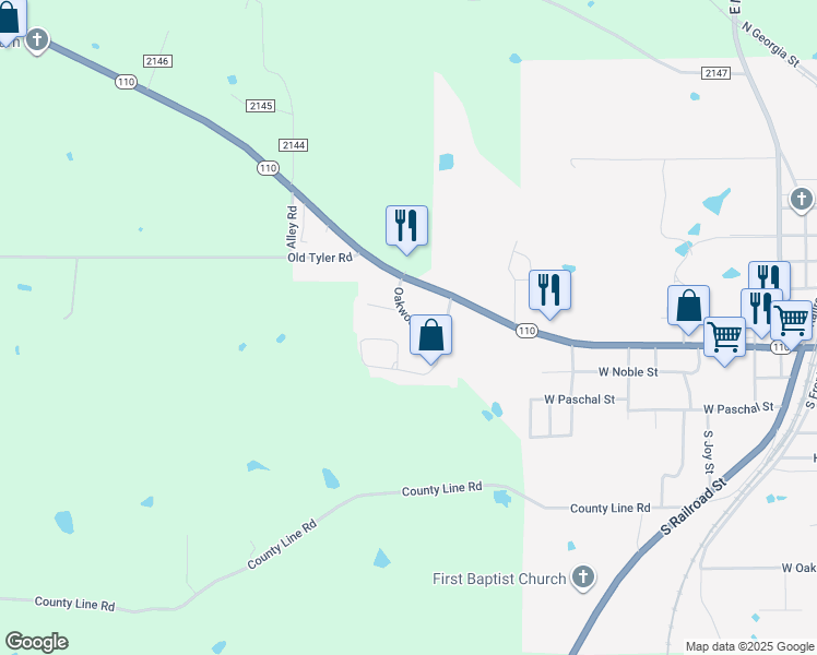 map of restaurants, bars, coffee shops, grocery stores, and more near 1712 Oakwood Drive in Troup