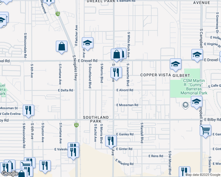 map of restaurants, bars, coffee shops, grocery stores, and more near 961 East Alvord Road in Tucson