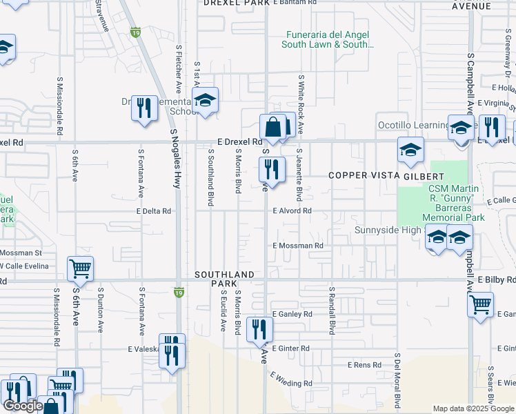 map of restaurants, bars, coffee shops, grocery stores, and more near 5858 South Park Avenue in Tucson
